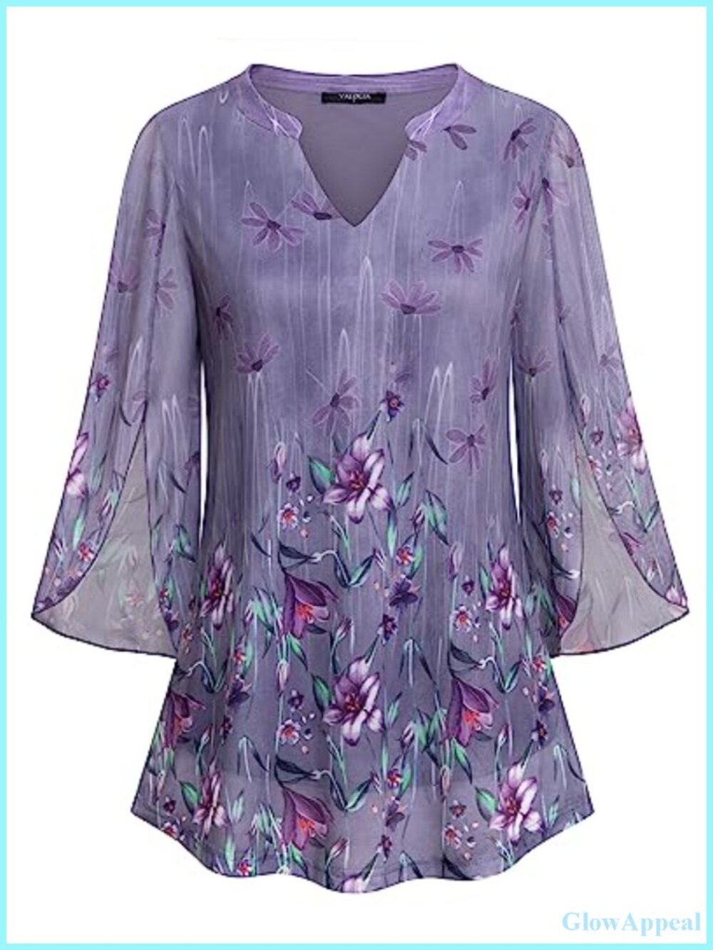 Womens 3/4 Ruffle Sleeve V-Neck Mesh Tunic Top Floral Blouse Flowy